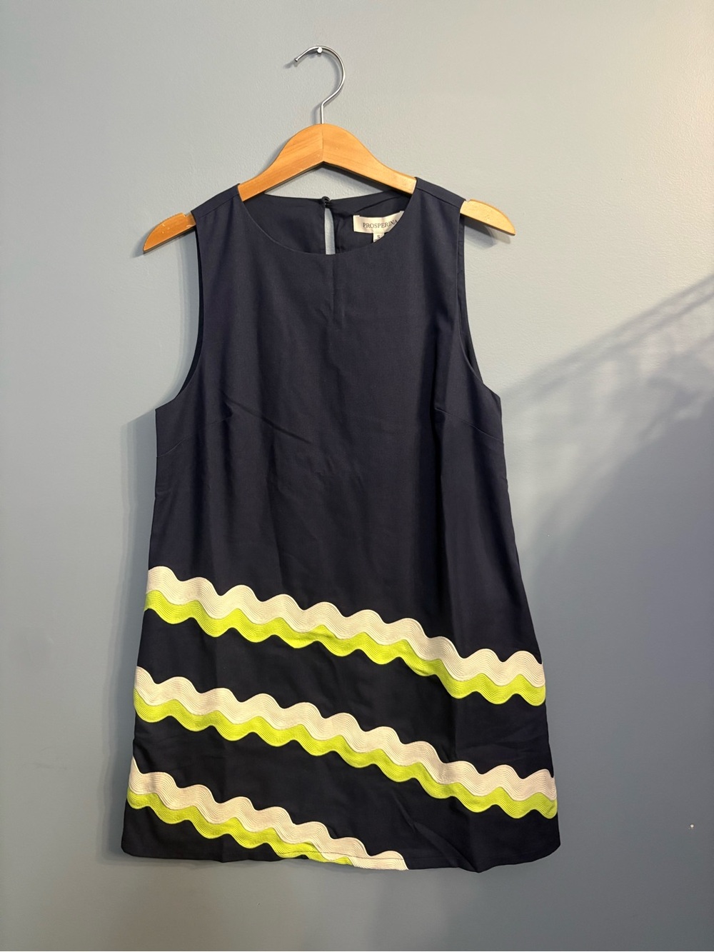 Navy Sleeveless Mini Dress with Lime and Cream Wavy Trim